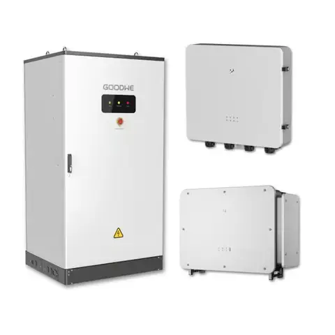 Produktabbildung GoodWe ET Serie mit 100 kW, GoodWe Batterie mit 61,4 kWh und GoodWe STS Box mit 125 kW