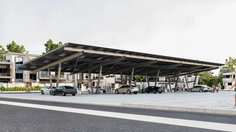 Park.Solar Überdachung über einem Parkplatz