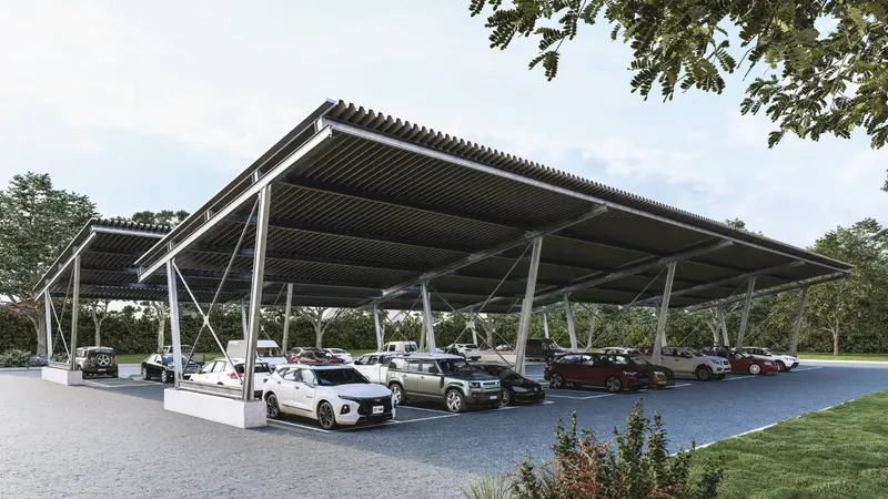 Solarüberdachung über einem Firmenparkplatz