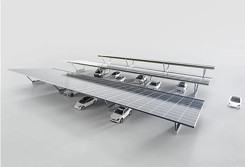 Luftansicht einer Park.Solar Überdachung über mehreren Reihen