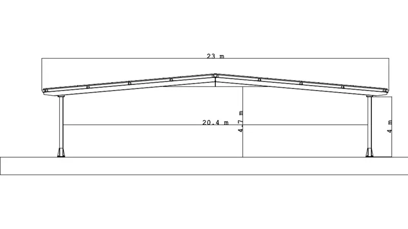 Querschnitt: 23 m Dachbreite, 20,4 m lichte Breite, Traufhöhe 4 m