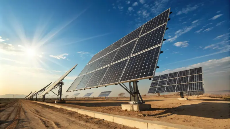 Nachgeführte Solarplattform auf einem Mast im Gegenlicht