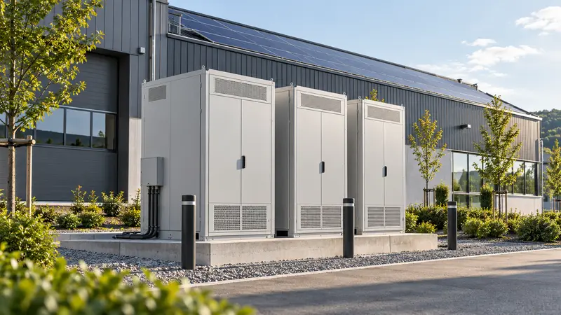 Batteriespeicher-Schränke vor einer Gewerbehalle mit Solardach