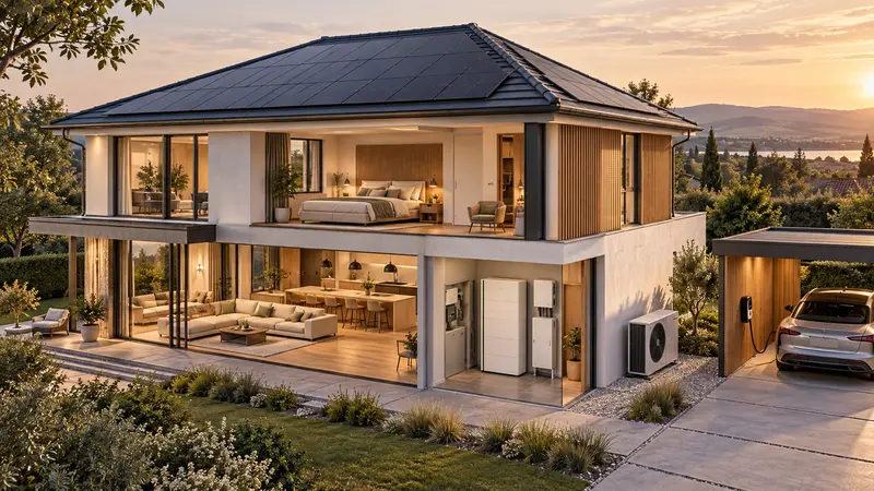 Einfamilienhaus mit Solardach und Wallbox in der Abendsonne