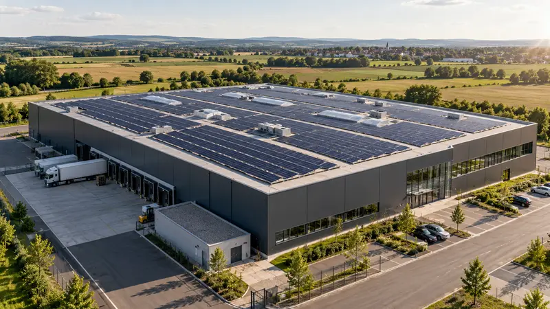 Logistikhalle mit Photovoltaik auf dem Flachdach