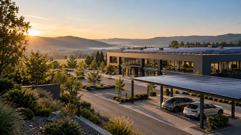 Bürogebäude mit Solardach und Solar-Carport im Morgenlicht